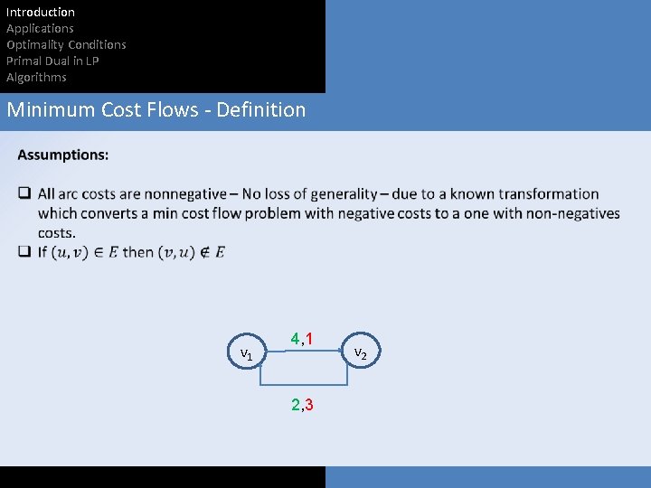 Introduction Applications Optimality Conditions Primal Dual in LP Algorithms Minimum Cost Flows - Definition