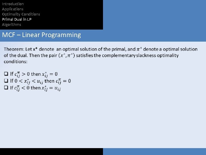 Introduction Applications Optimality Conditions Primal Dual in LP Algorithms MCF – Linear Programming 