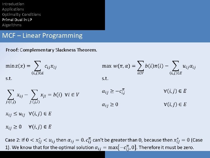 Introduction Applications Optimality Conditions Primal Dual in LP Algorithms MCF – Linear Programming Proof: