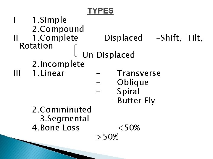 I TYPES 1. Simple 2. Compound II 1. Complete Displaced -Shift, Tilt, Rotation Un