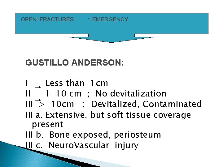OPEN FRACTURES : EMERGENCY GUSTILLO ANDERSON: I Less than 1 cm II 1 -10