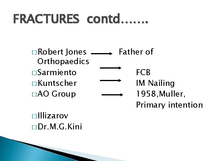 FRACTURES contd……. � Robert Jones Orthopaedics � Sarmiento � Kuntscher � AO Group �