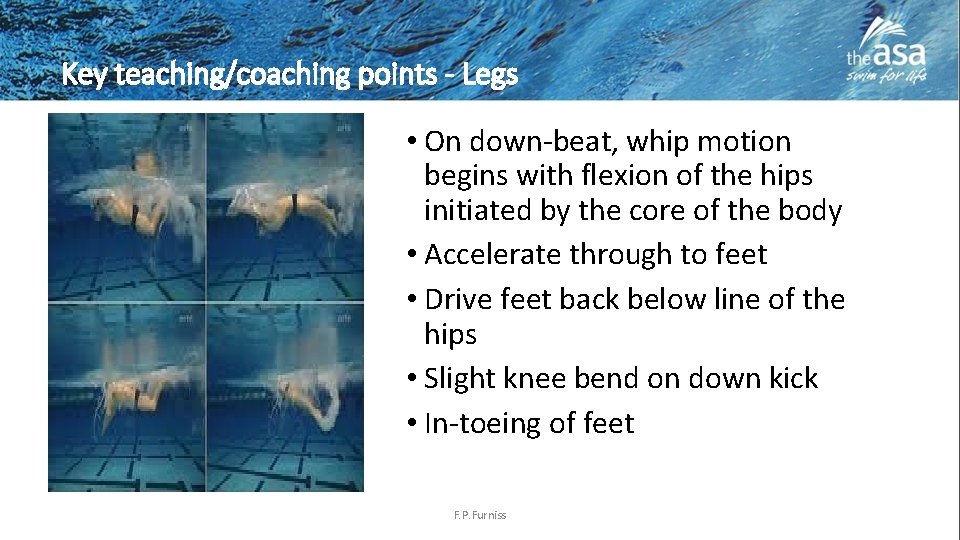 Key teaching/coaching points - Legs • On down-beat, whip motion begins with flexion of