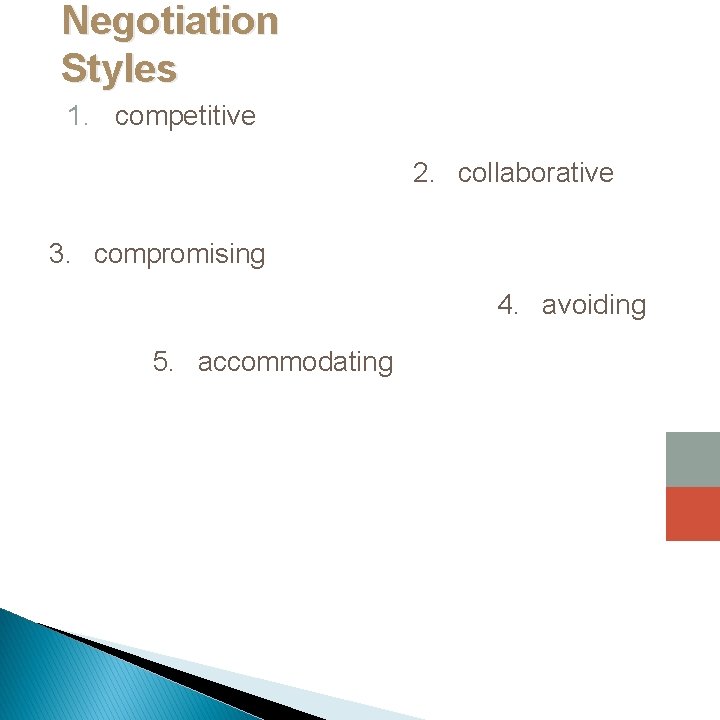 Negotiation Styles 1. competitive 2. collaborative 3. compromising 4. avoiding 5. accommodating 
