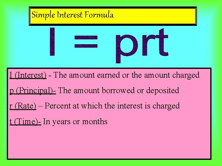 Simple Interest Formula I (Interest) - The amount earned or the amount charged p