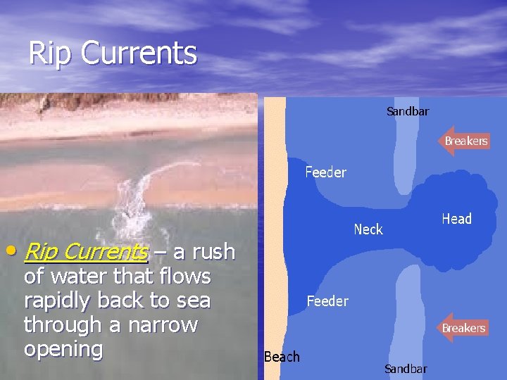 Rip Currents • Rip Currents – a rush of water that flows rapidly back Rip Currents • Rip Currents – a rush of water that flows rapidly back