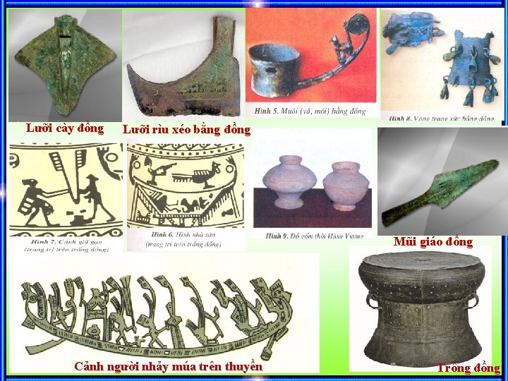 Lưỡi cày đồng Lưỡi rìu xéo bằng đồng Mũi giáo đồng Cảnh người nhảy