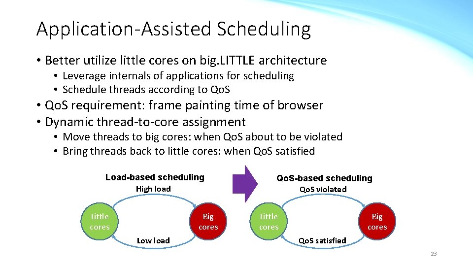 Application-Assisted Scheduling • Better utilize little cores on big. LITTLE architecture • Leverage internals