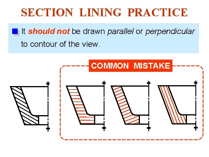 SECTION LINING PRACTICE It should not be drawn parallel or perpendicular to contour of