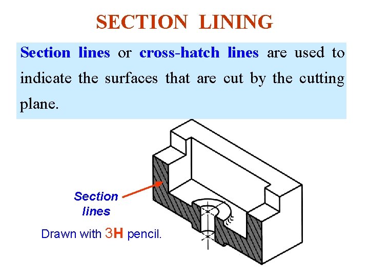 SECTION LINING Section lines or cross-hatch lines are used to indicate the surfaces that