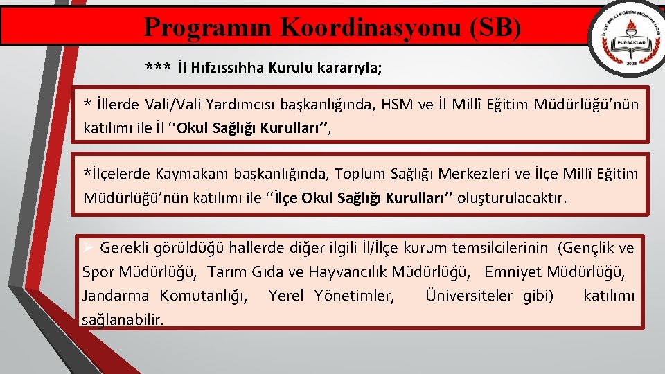 Programın Koordinasyonu (SB) *** İl Hıfzıssıhha Kurulu kararıyla; * İllerde Vali/Vali Yardımcısı başkanlığında, HSM