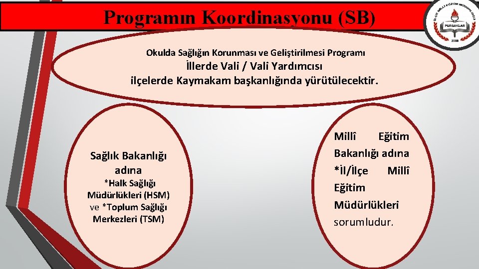 Programın Koordinasyonu (SB) Okulda Sağlığın Korunması ve Geliştirilmesi Programı İllerde Vali / Vali Yardımcısı