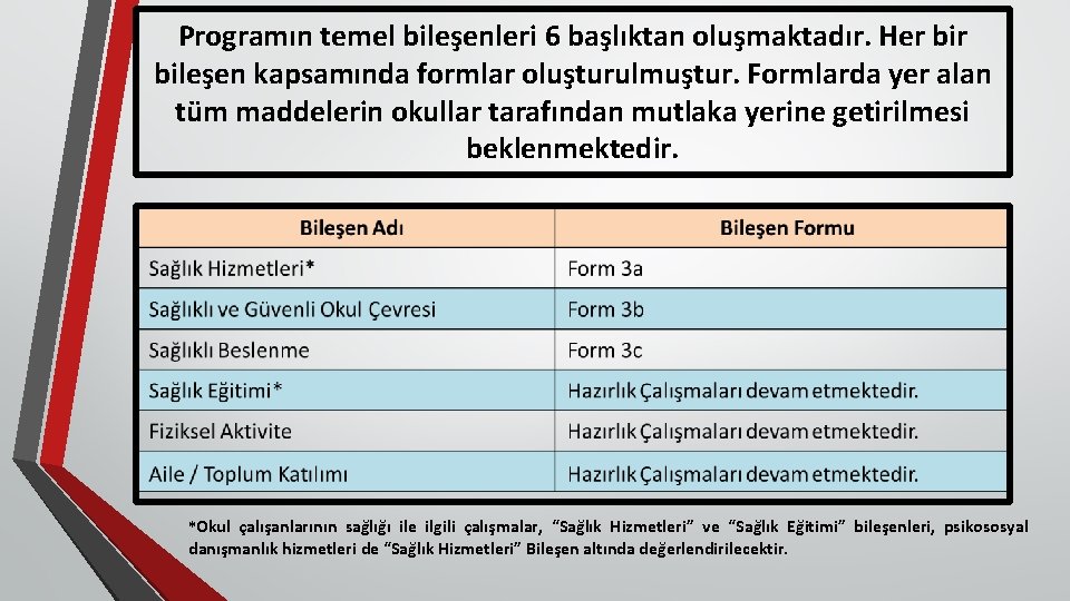 Programın temel bileşenleri 6 başlıktan oluşmaktadır. Her bileşen kapsamında formlar oluşturulmuştur. Formlarda yer alan