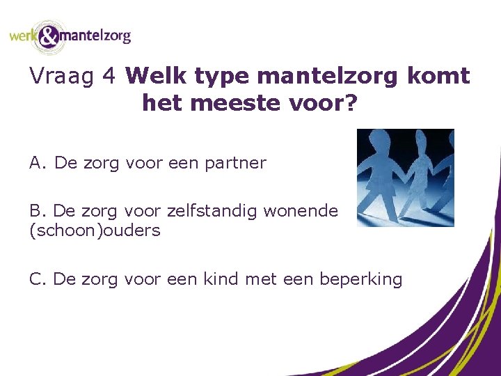 Vraag 4 Welk type mantelzorg komt het meeste voor? A. De zorg voor een