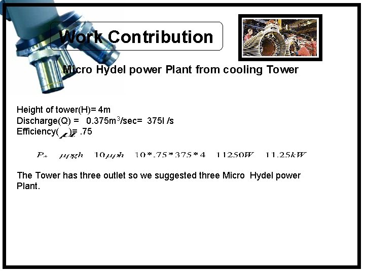 Work Contribution Micro Hydel power Plant from cooling Tower Height of tower(H)= 4 m