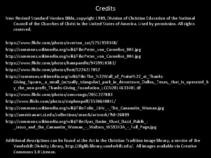 Credits New Revised Standard Version Bible, copyright 1989, Division of Christian Education of the