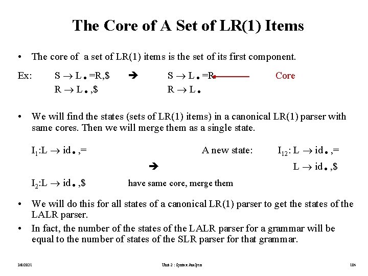 The Core of A Set of LR(1) Items • The core of a set