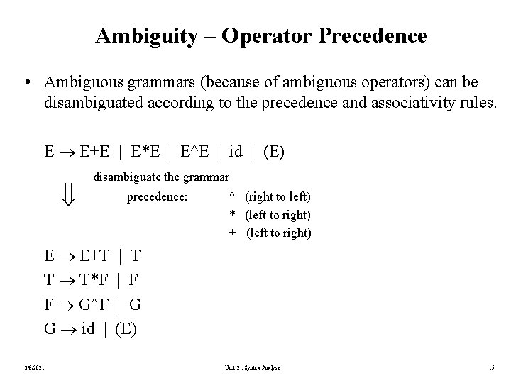 Ambiguity – Operator Precedence • Ambiguous grammars (because of ambiguous operators) can be disambiguated