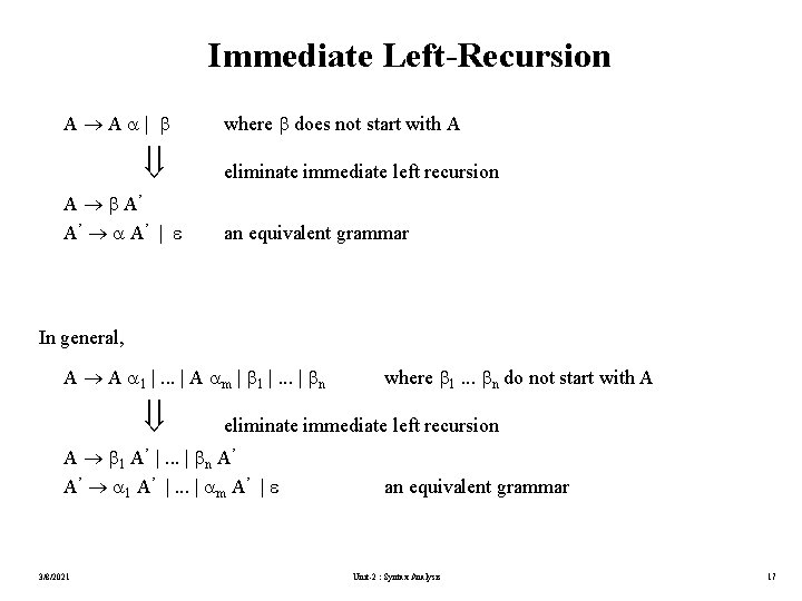 Immediate Left-Recursion A A | A A’ A’ A’ | where does not start