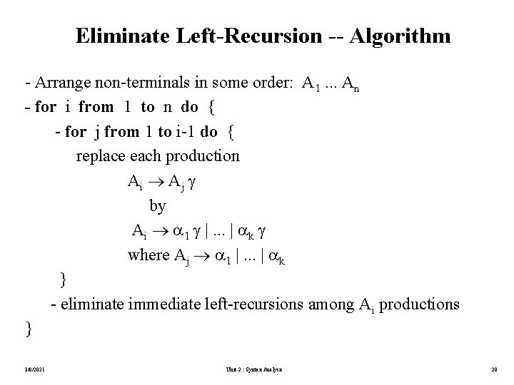 Eliminate Left-Recursion -- Algorithm - Arrange non-terminals in some order: A 1. . .