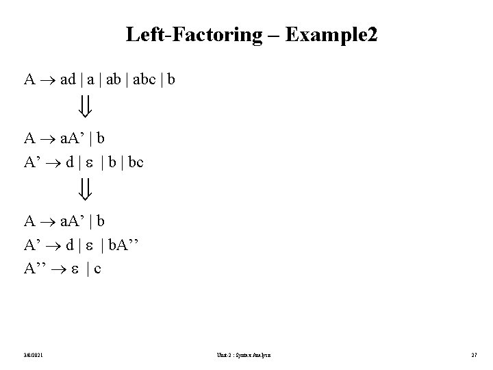 Left-Factoring – Example 2 A ad | abc | b A a. A’ |