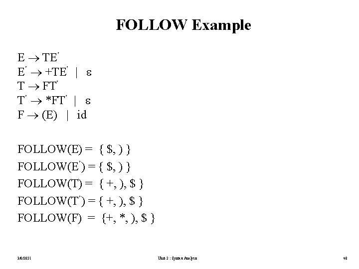 FOLLOW Example E TE’ E’ +TE’ | T FT’ T’ *FT’ | F (E)