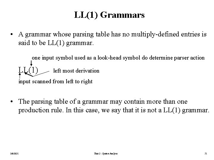 LL(1) Grammars • A grammar whose parsing table has no multiply-defined entries is said