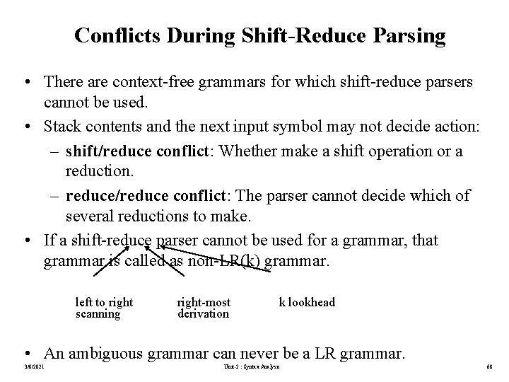 Conflicts During Shift-Reduce Parsing • There are context-free grammars for which shift-reduce parsers cannot