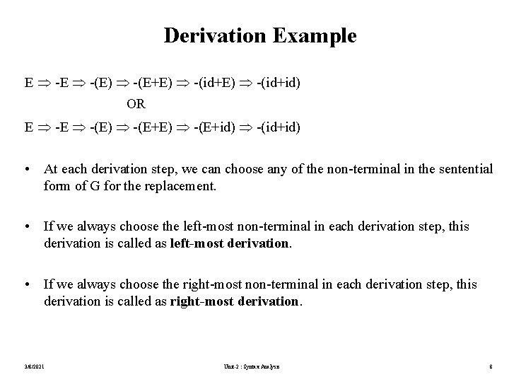 Derivation Example E -(E) -(E+E) -(id+id) OR E -(E) -(E+id) -(id+id) • At each