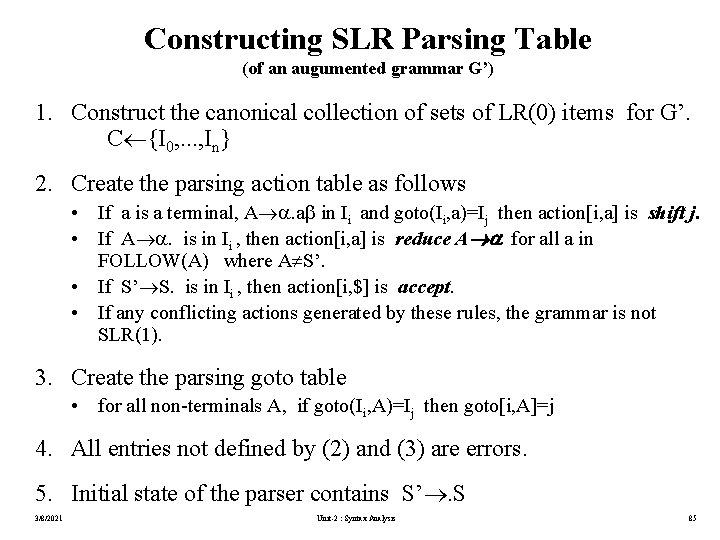 Constructing SLR Parsing Table (of an augumented grammar G’) 1. Construct the canonical collection