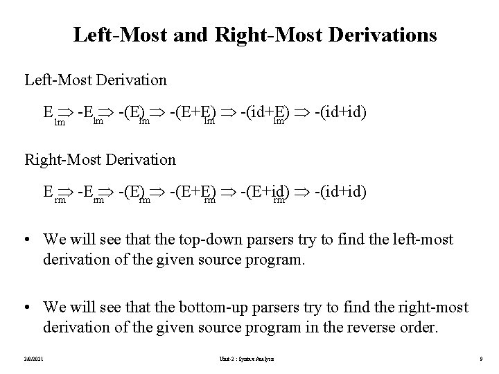 Left-Most and Right-Most Derivations Left-Most Derivation E -Elm -(E)lm -(E+E) -(id+id) lm lm lm