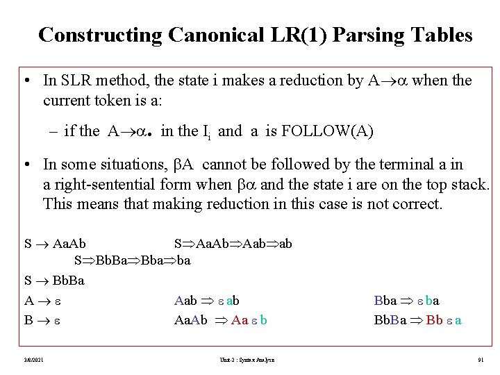 Constructing Canonical LR(1) Parsing Tables • In SLR method, the state i makes a