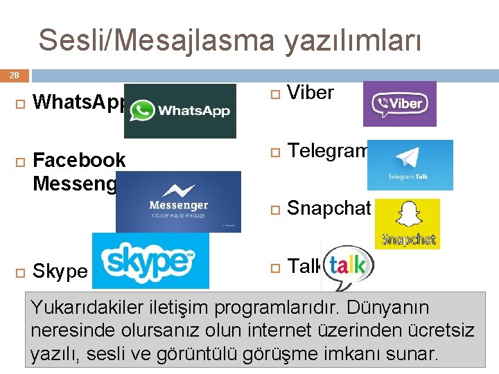 Sesli/Mesajlasma yazılımları 28 Whats. App Viber Facebook Messenger Telegram Snapchat Talk Skype Yukarıdakiler iletişim