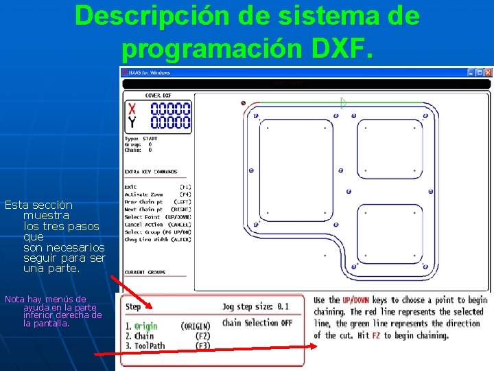 Descripción de sistema de programación DXF. Esta sección muestra los tres pasos que son