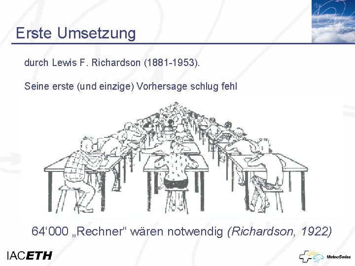 Erste Umsetzung durch Lewis F. Richardson (1881 -1953). Seine erste (und einzige) Vorhersage schlug