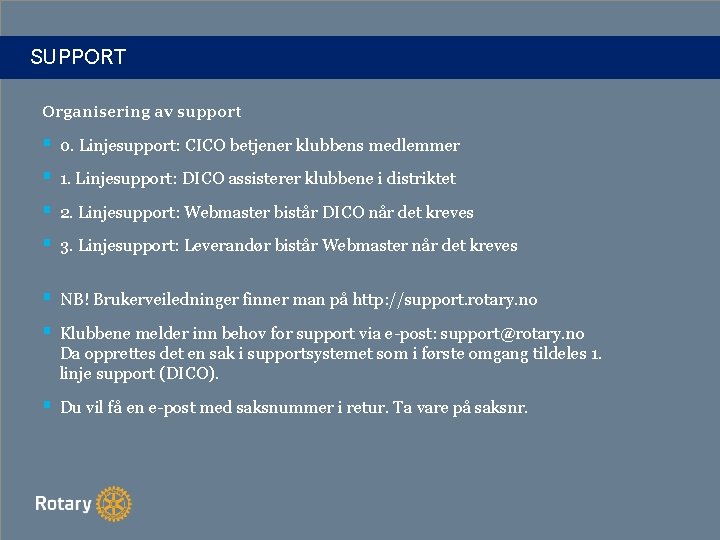SUPPORT Organisering av support § 0. Linjesupport: CICO betjener klubbens medlemmer § 1. Linjesupport: