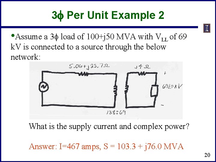 3 f Per Unit Example 2 • Assume a 3 f load of 100+j 3 f Per Unit Example 2 • Assume a 3 f load of 100+j