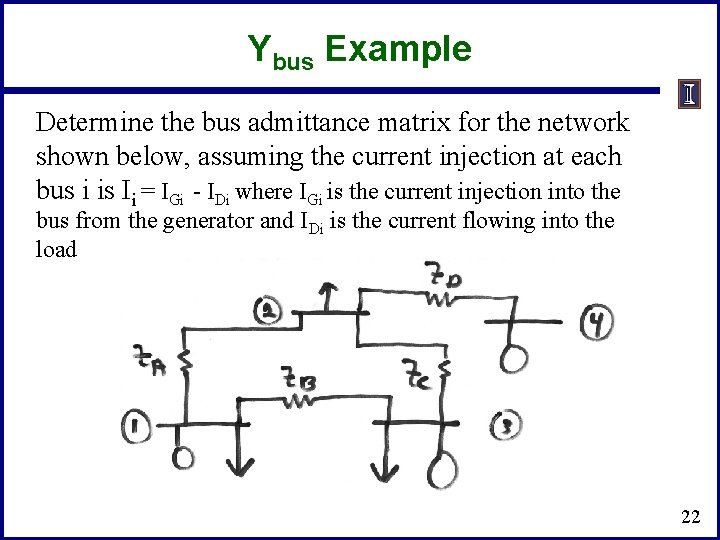 Ybus Example Determine the bus admittance matrix for the network shown below, assuming the Ybus Example Determine the bus admittance matrix for the network shown below, assuming the