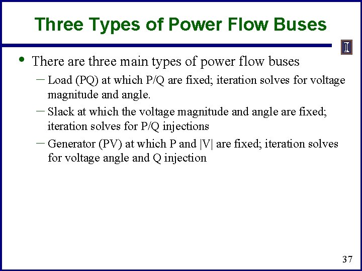 Three Types of Power Flow Buses • There are three main types of power Three Types of Power Flow Buses • There are three main types of power