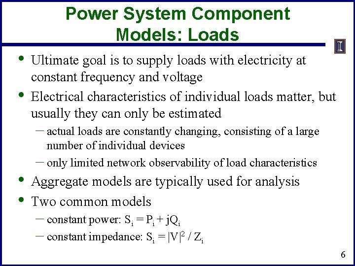 Power System Component Models: Loads • • Ultimate goal is to supply loads with Power System Component Models: Loads • • Ultimate goal is to supply loads with