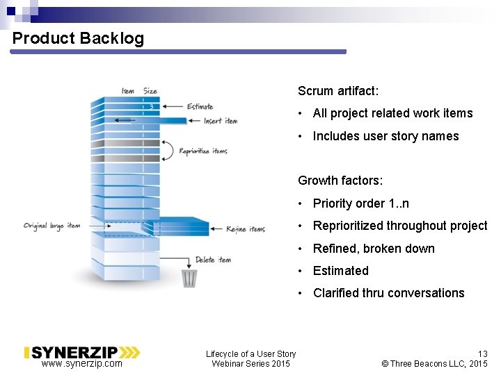 Product Backlog Scrum artifact: • All project related work items • Includes user story