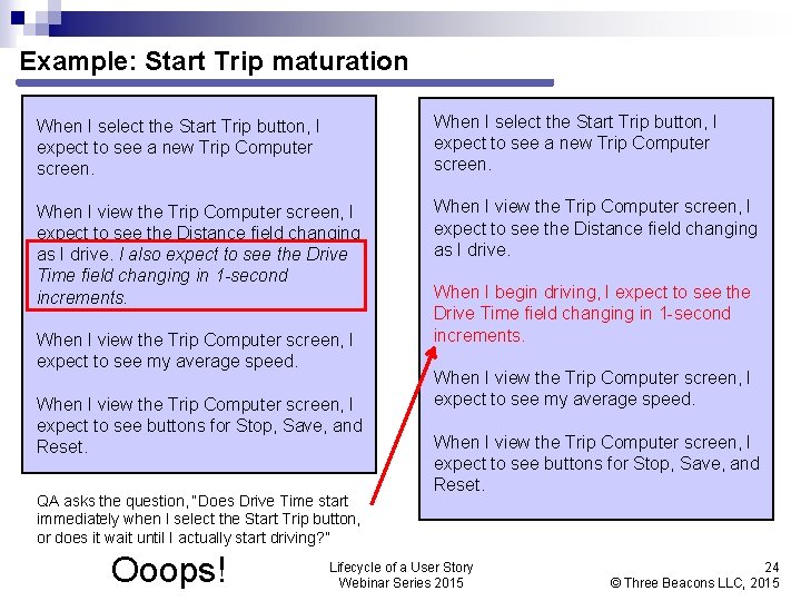 Example: Start Trip maturation When I select the Start Trip button, I expect to