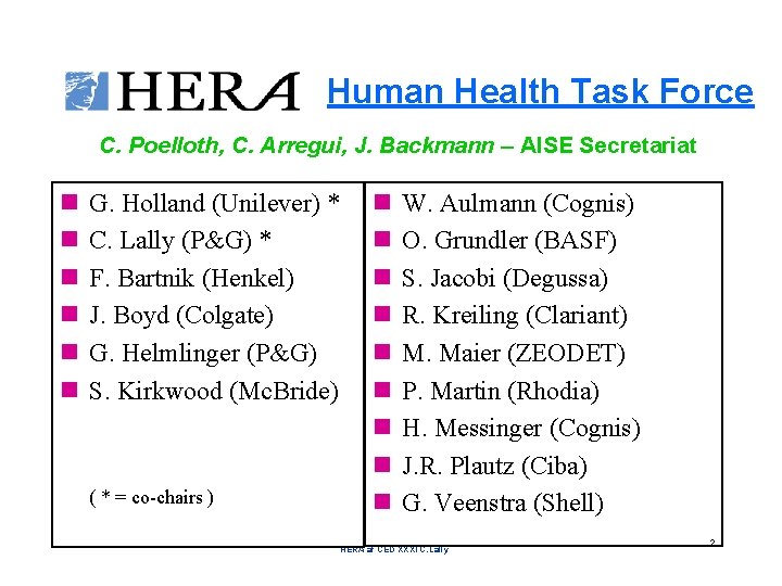 Human Health Task Force C. Poelloth, C. Arregui, J. Backmann – AISE Secretariat n Human Health Task Force C. Poelloth, C. Arregui, J. Backmann – AISE Secretariat n