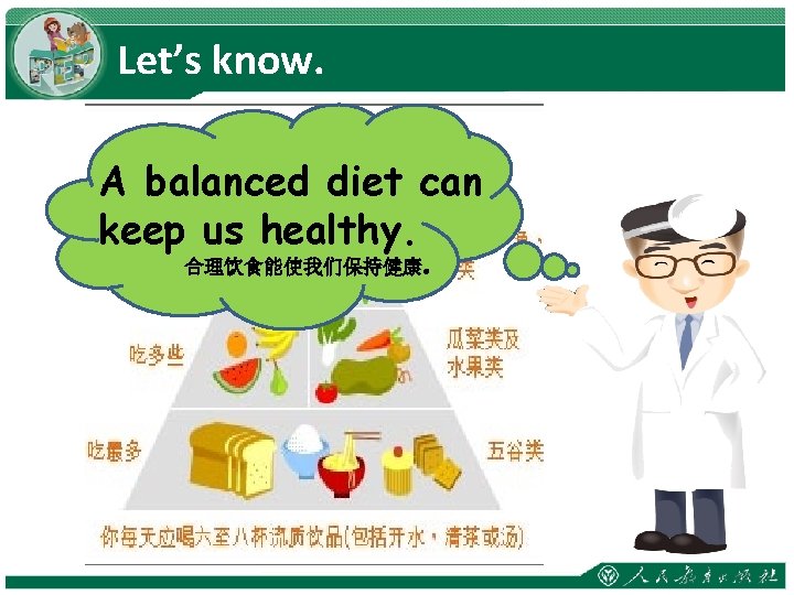 Let’s know. A balanced diet can keep us healthy. 合理饮食能使我们保持健康。 