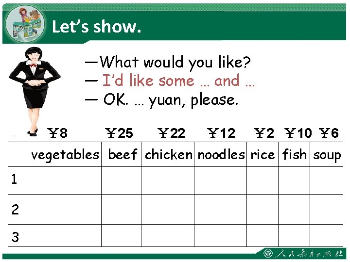 Let’s show. —What would you like? 点餐时间到了！ 四人一小组 — I’d like some … and