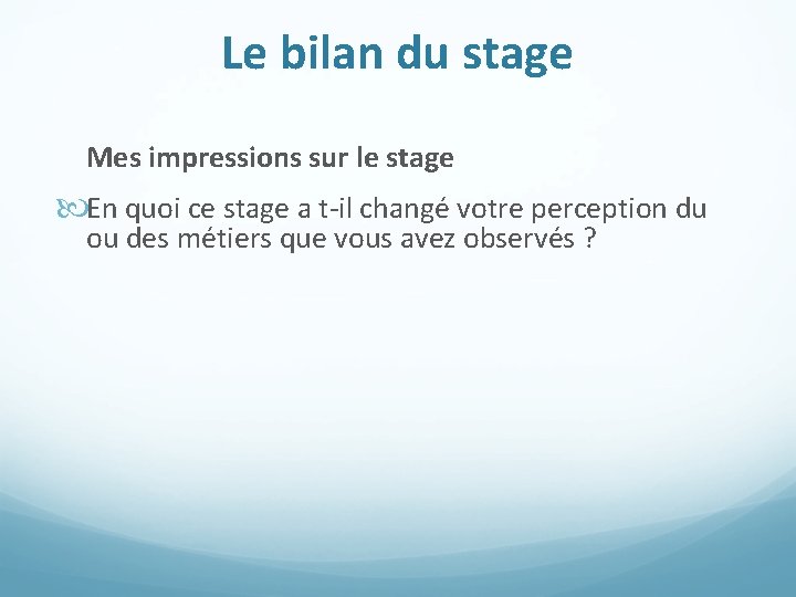 Le bilan du stage Mes impressions sur le stage En quoi ce stage a