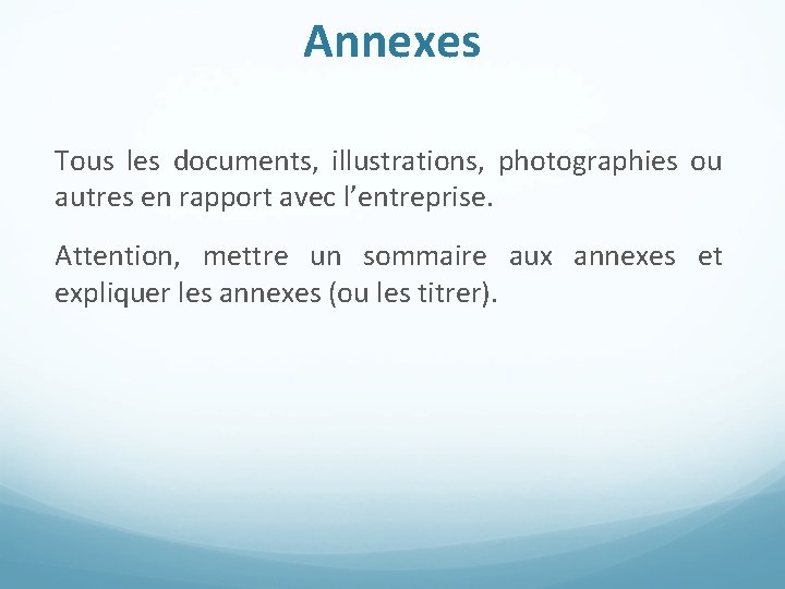 Annexes Tous les documents, illustrations, photographies ou autres en rapport avec l’entreprise. Attention, mettre