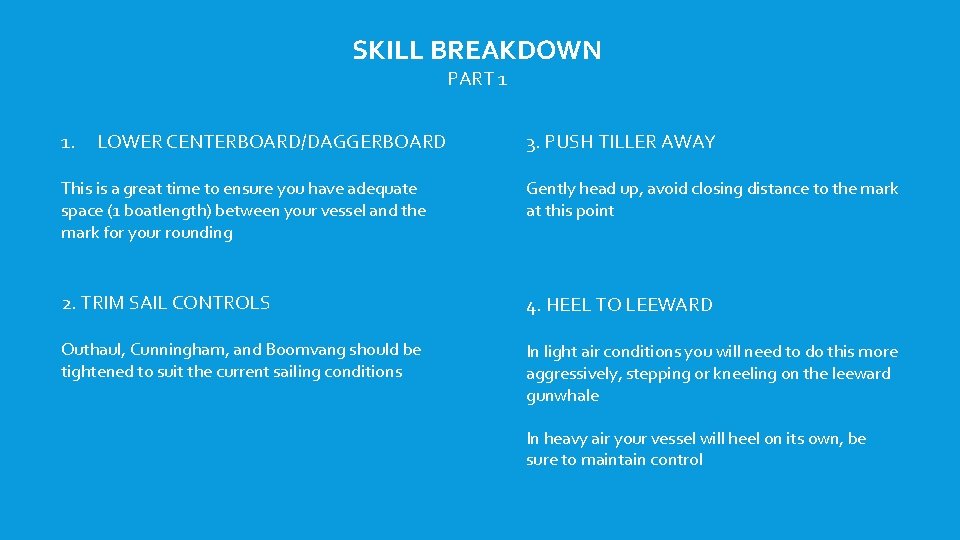 SKILL BREAKDOWN PART 1 1. LOWER CENTERBOARD/DAGGERBOARD 3. PUSH TILLER AWAY This is a SKILL BREAKDOWN PART 1 1. LOWER CENTERBOARD/DAGGERBOARD 3. PUSH TILLER AWAY This is a