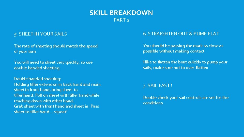 SKILL BREAKDOWN PART 2 5. SHEET IN YOUR SAILS 6. STRAIGHTEN OUT & PUMP SKILL BREAKDOWN PART 2 5. SHEET IN YOUR SAILS 6. STRAIGHTEN OUT & PUMP