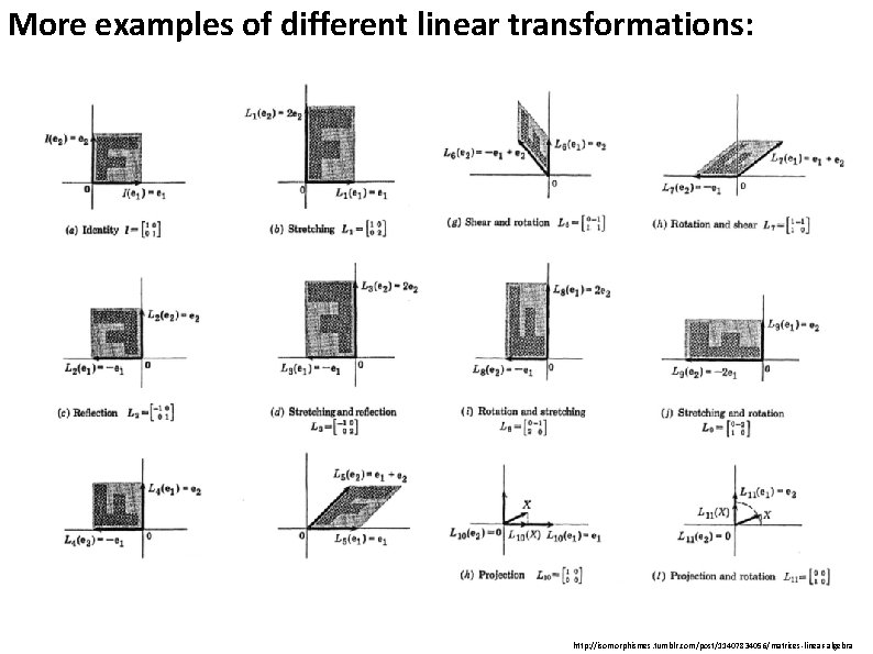 More examples of different linear transformations: http: //isomorphismes. tumblr. com/post/11407834056/matrices-linear-algebra 